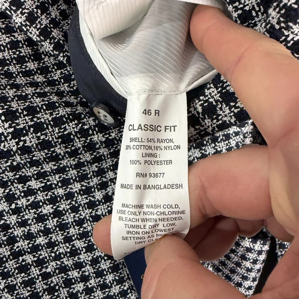 Stafford Houndstooth Sport Coat Blazer Men's 46R Blue White Classic Fit NWT